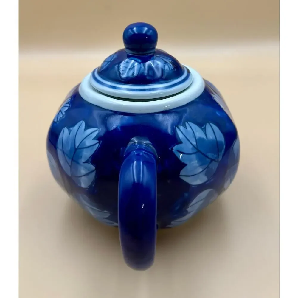 DesignPac Cobalt Blue Leaf 3-Pc Tea Set Teapot Sugar Bowl Creamer China
